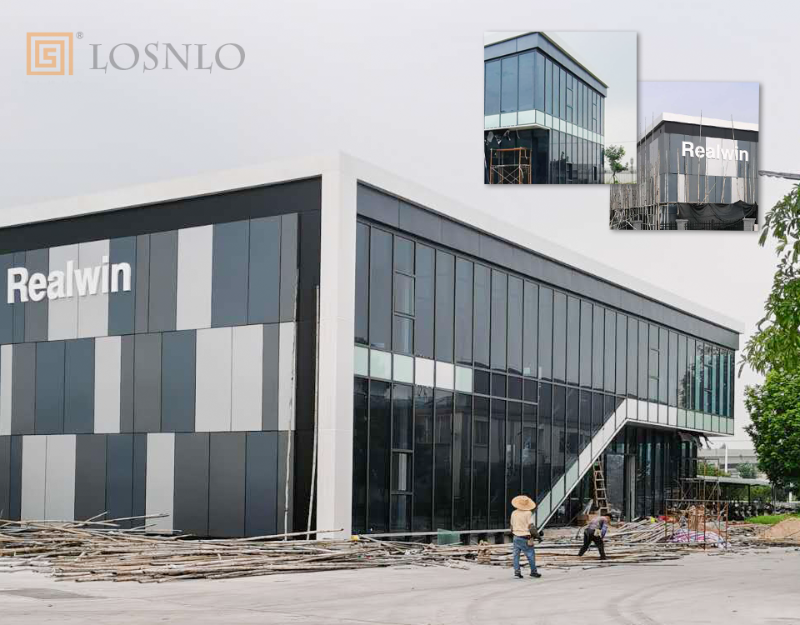 樓上樓高端門窗-江門某不銹鋼公司玻璃、鋁板幕墻工程案例